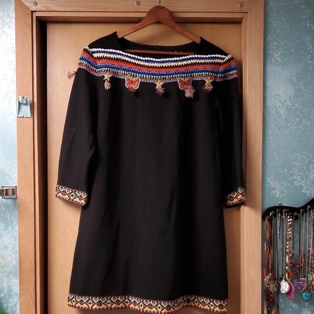AOFULI Black Embroidered Short Dress